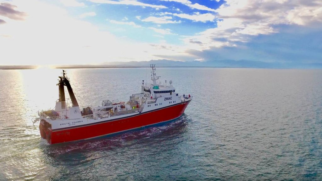 Fishing vessel Amaltal Columbia heads out in the early morning.